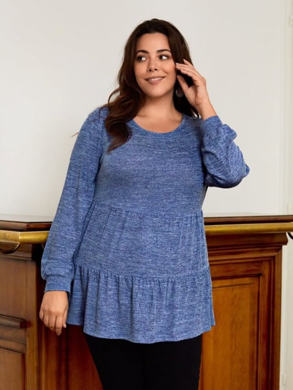 Ladies 3X Plus Marled Knit Lantern Sleeve Peplum Tee